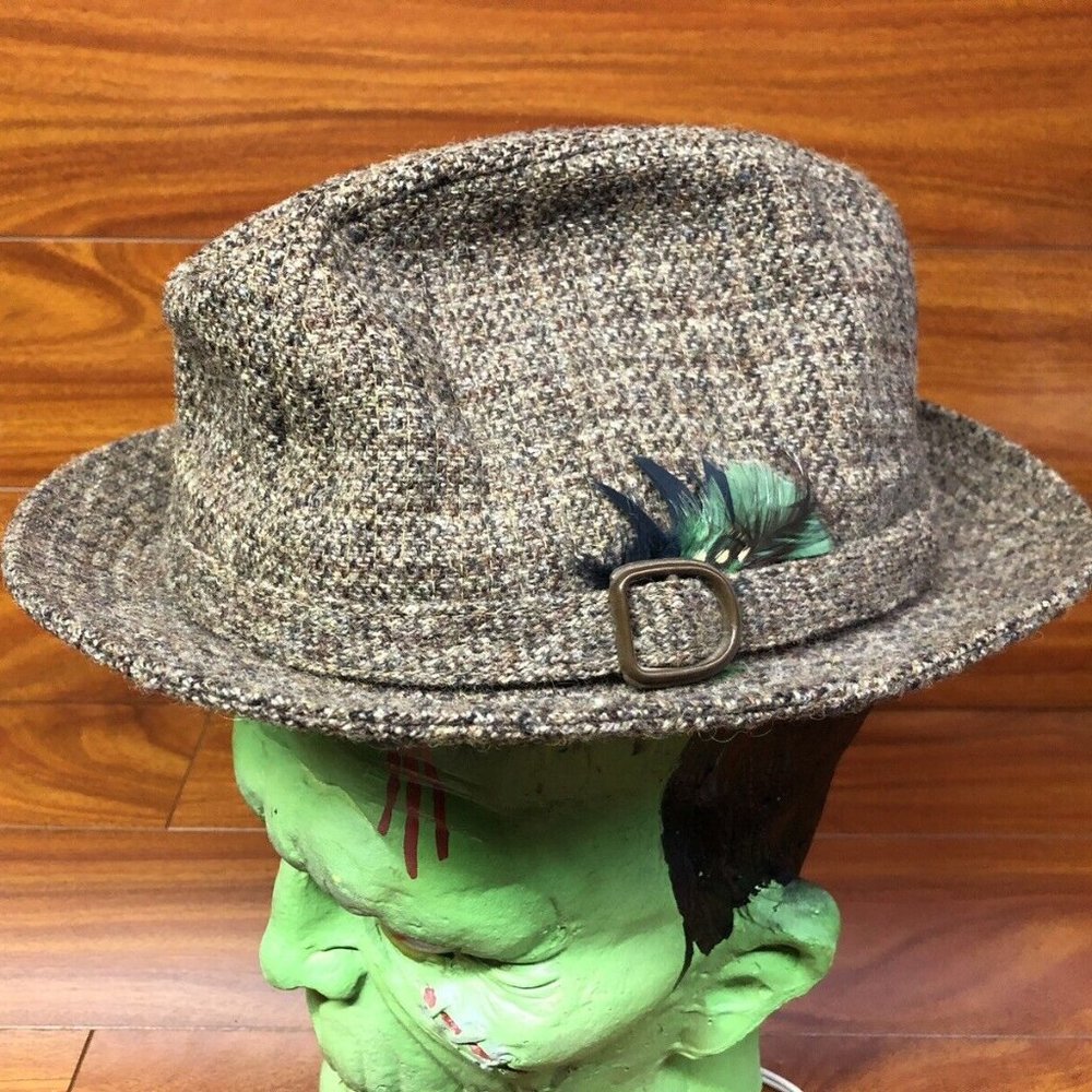 Vintage Richman 100% Wool Tweed Made in USA Size Lage Fedora with Feather
